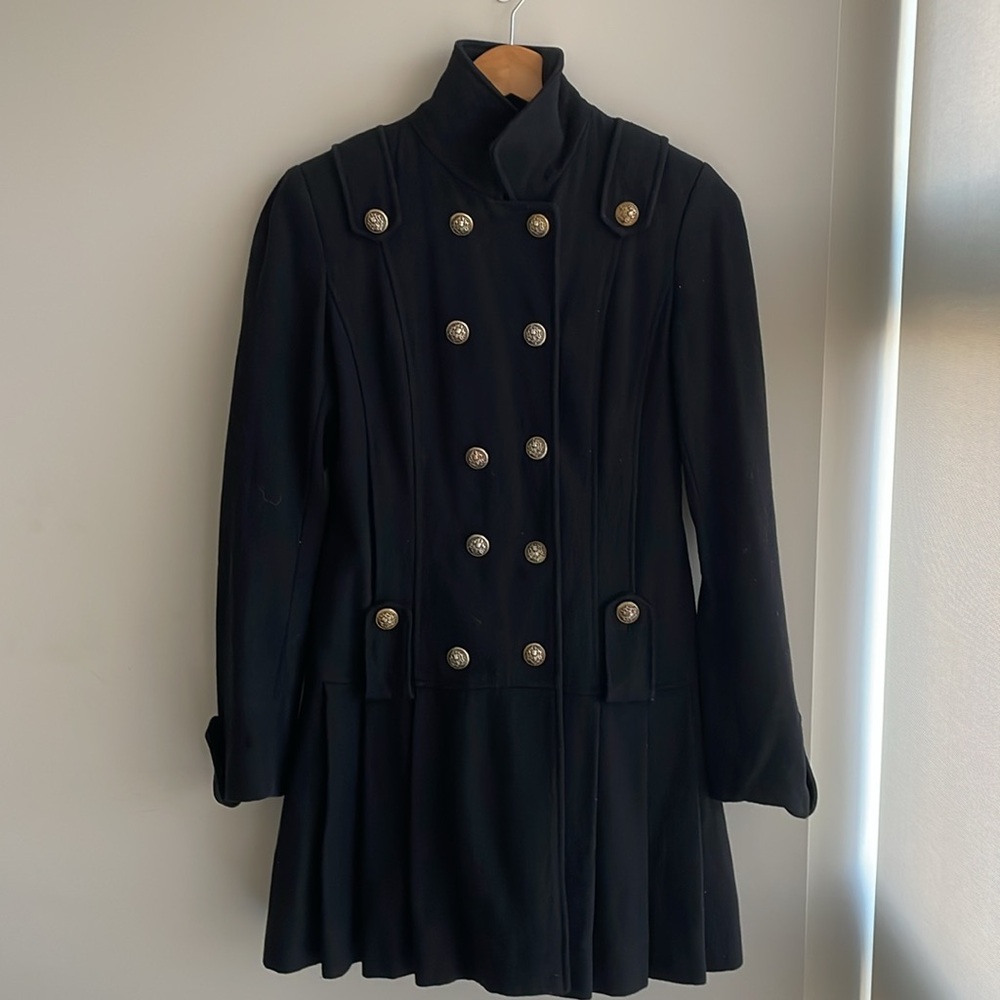Guess Black Military Style Pea Coat with Double-Breasted Design